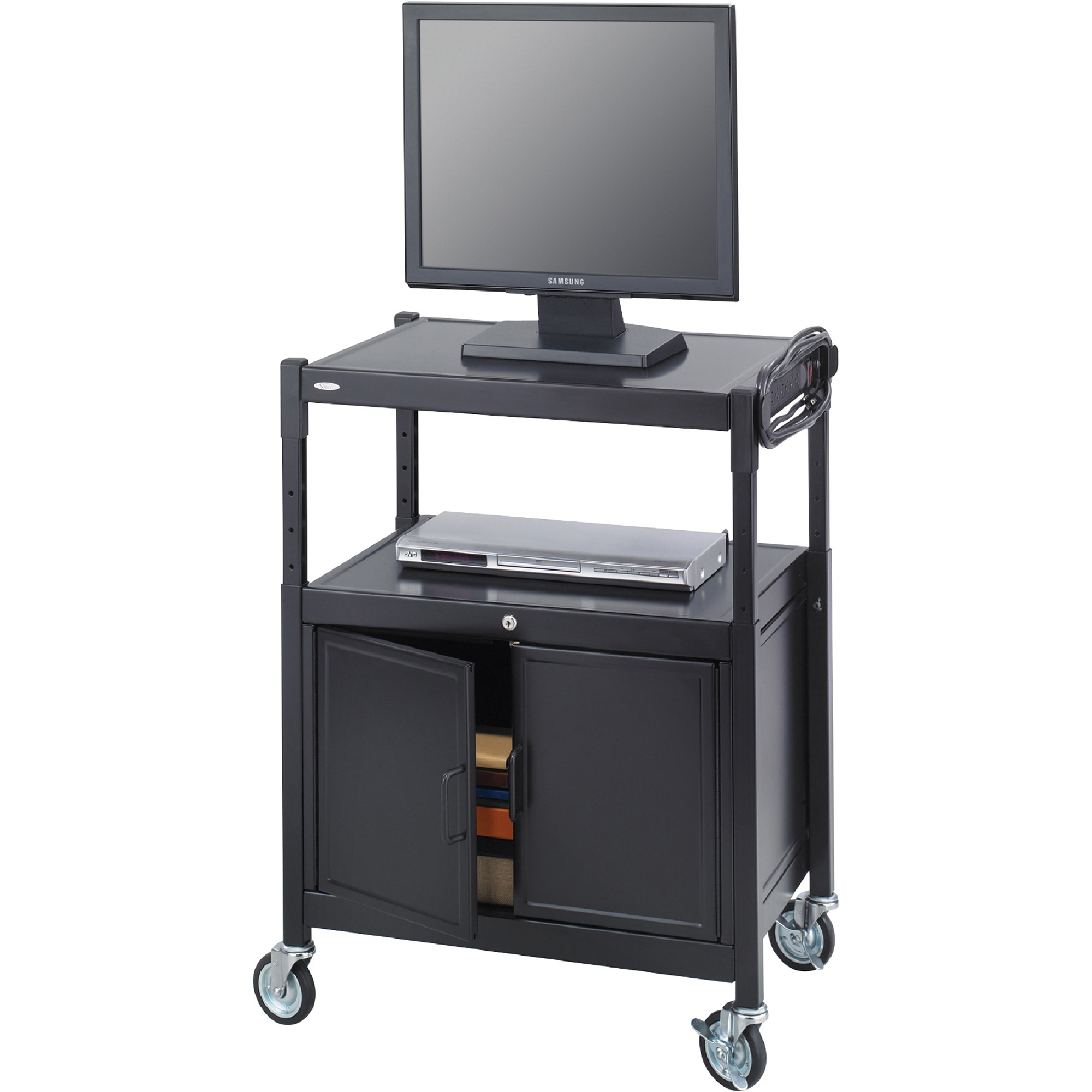 Safco Steel Adjustable AV Cart with Locking Cabinet, Black, Model# 8943BL